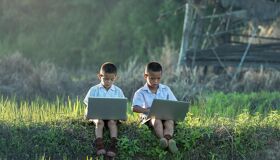 Laos Children and Laptops in Laos Rural